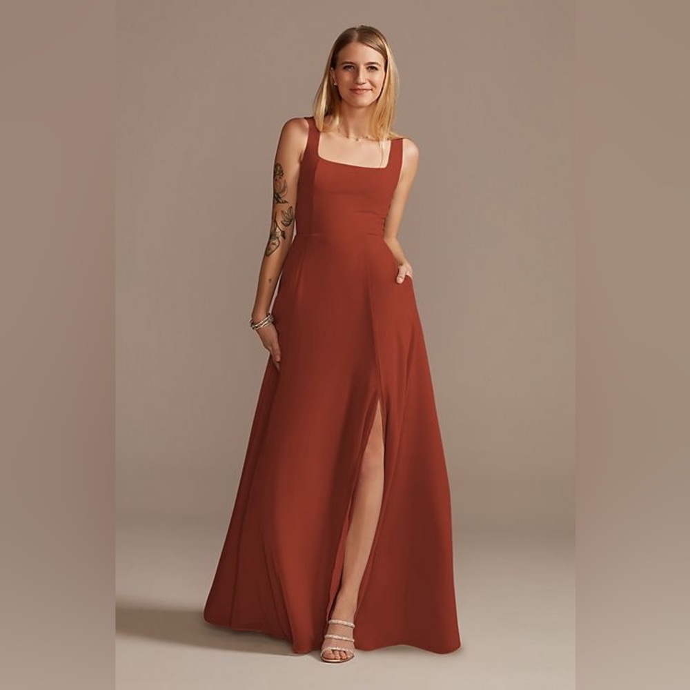 David’s Bridal Chiffon Squared Tank Lace Up Bridesmaid Dress in Cinnamon | 18
